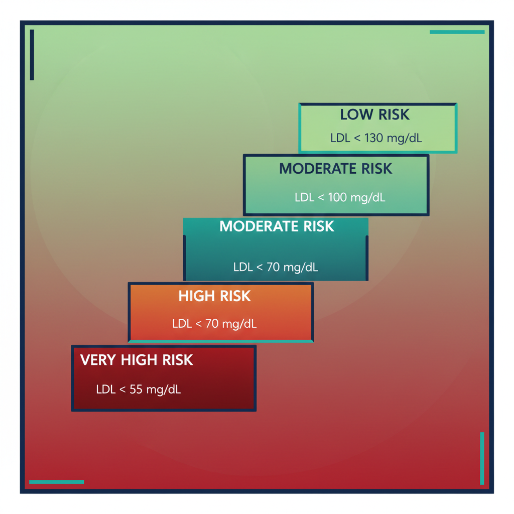 심혈관 위험도 4단계별 LDL 목표치를 보여주는 계단식 인포그래픽