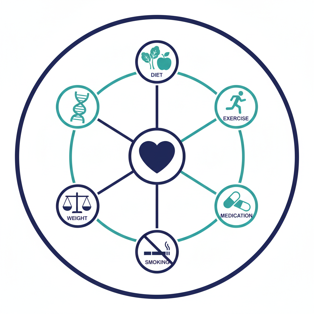 식이, 운동, 유전, 약물 등 콜레스테롤 수치에 영향을 미치는 요인을 정리한 인포그래픽