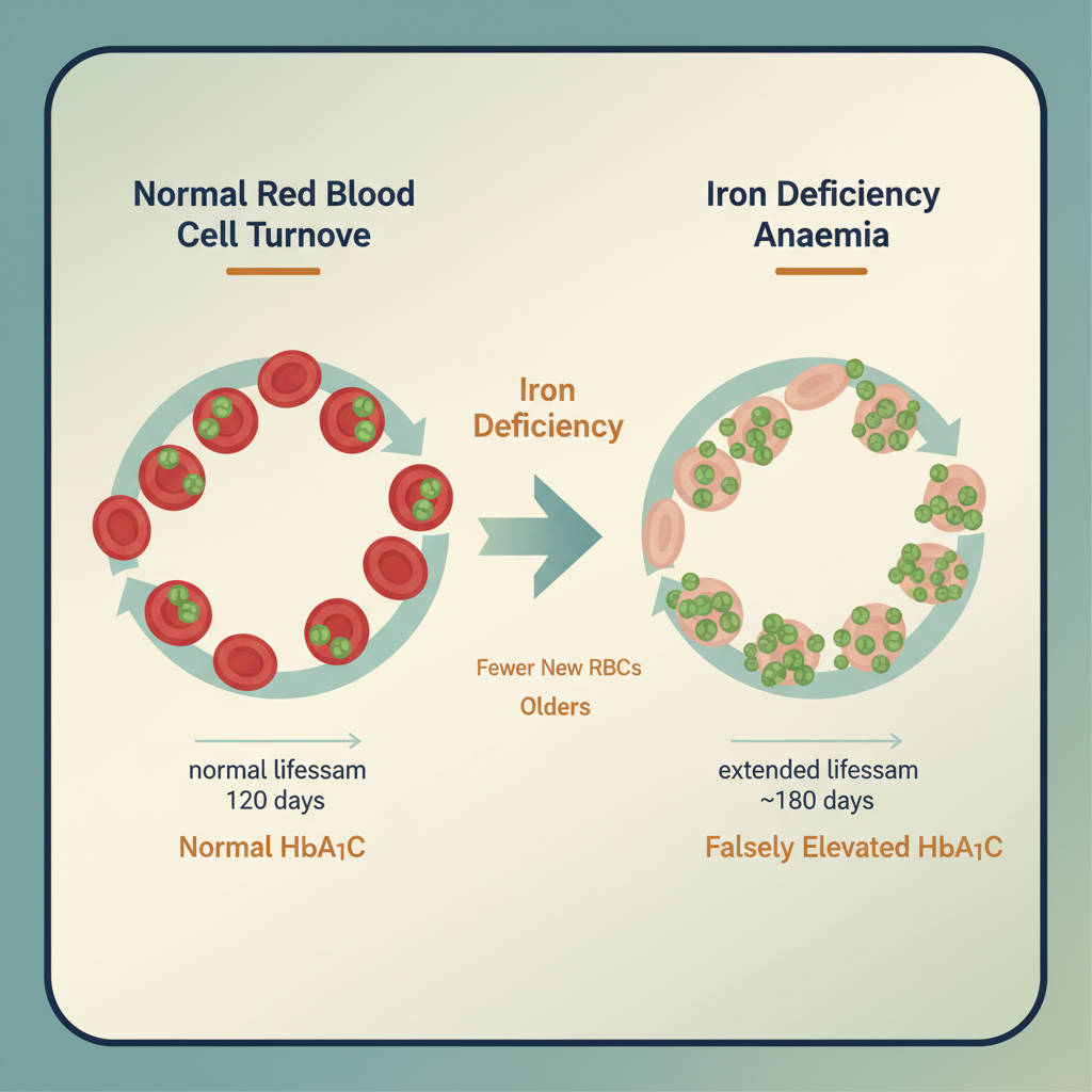 철 결핍성 빈혈이 당화혈색소 수치에 미치는 영향을 설명하는 다이어그램