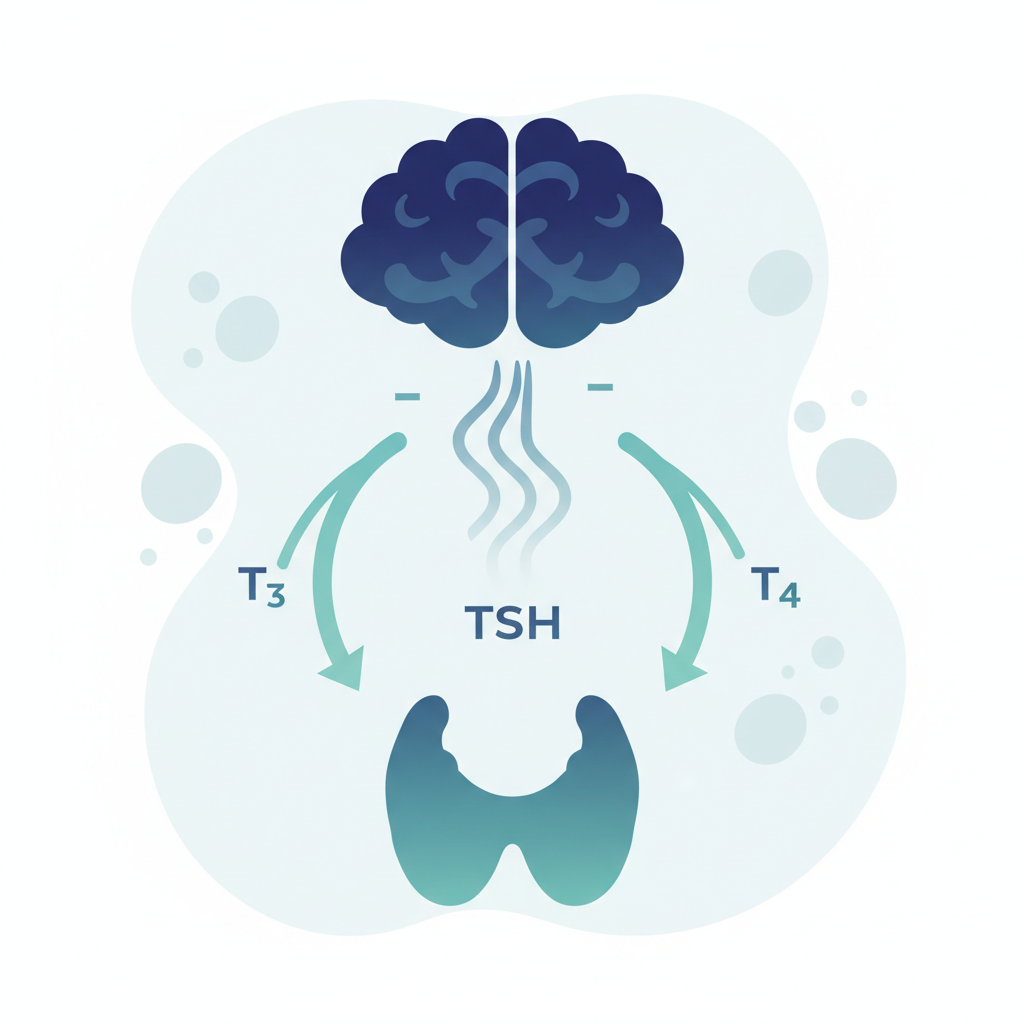 갑상선 호르몬 분비 메커니즘과 TSH 되먹임 구조를 보여주는 의학 일러스트레이션