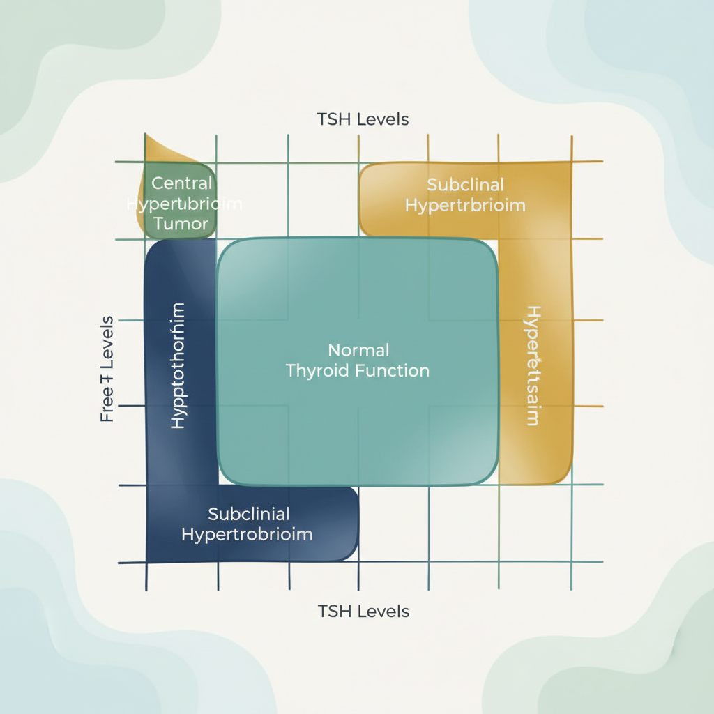 TSH와 Free T4 수치 조합에 따른 갑상선 기능 상태 분류를 보여주는 교육용 인포그래픽