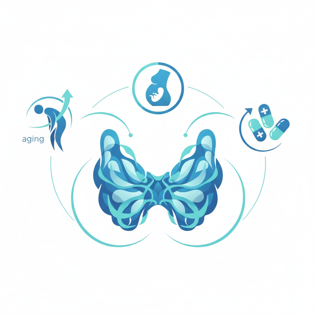 약물, 나이, 임신 등 갑상선 수치 변동 요인을 정리한 교육용 인포그래픽