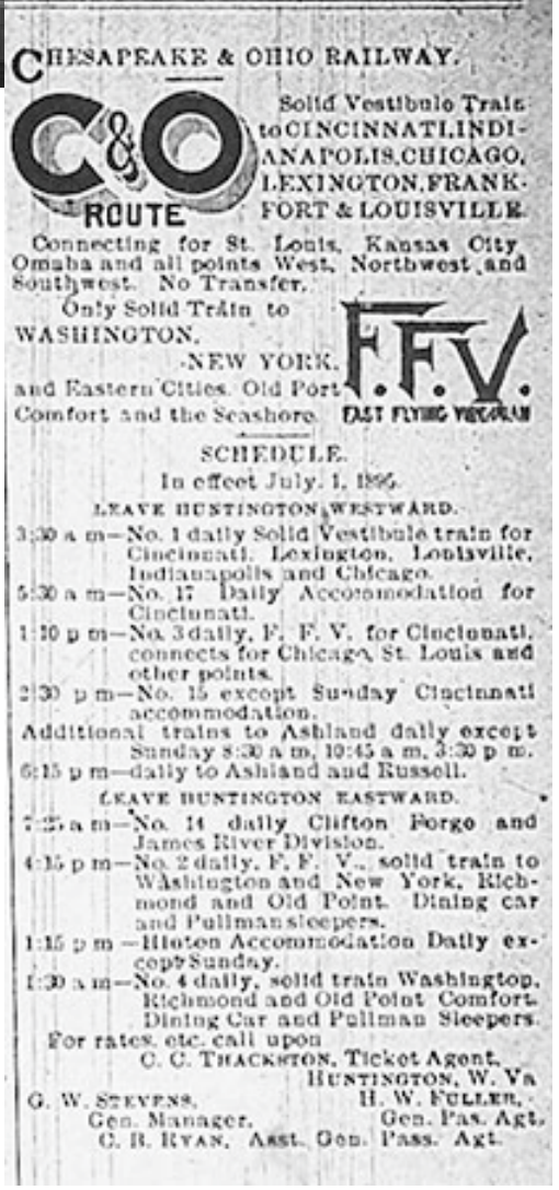  Ad and schedule from the Huntington Advertiser, July 26, 1895