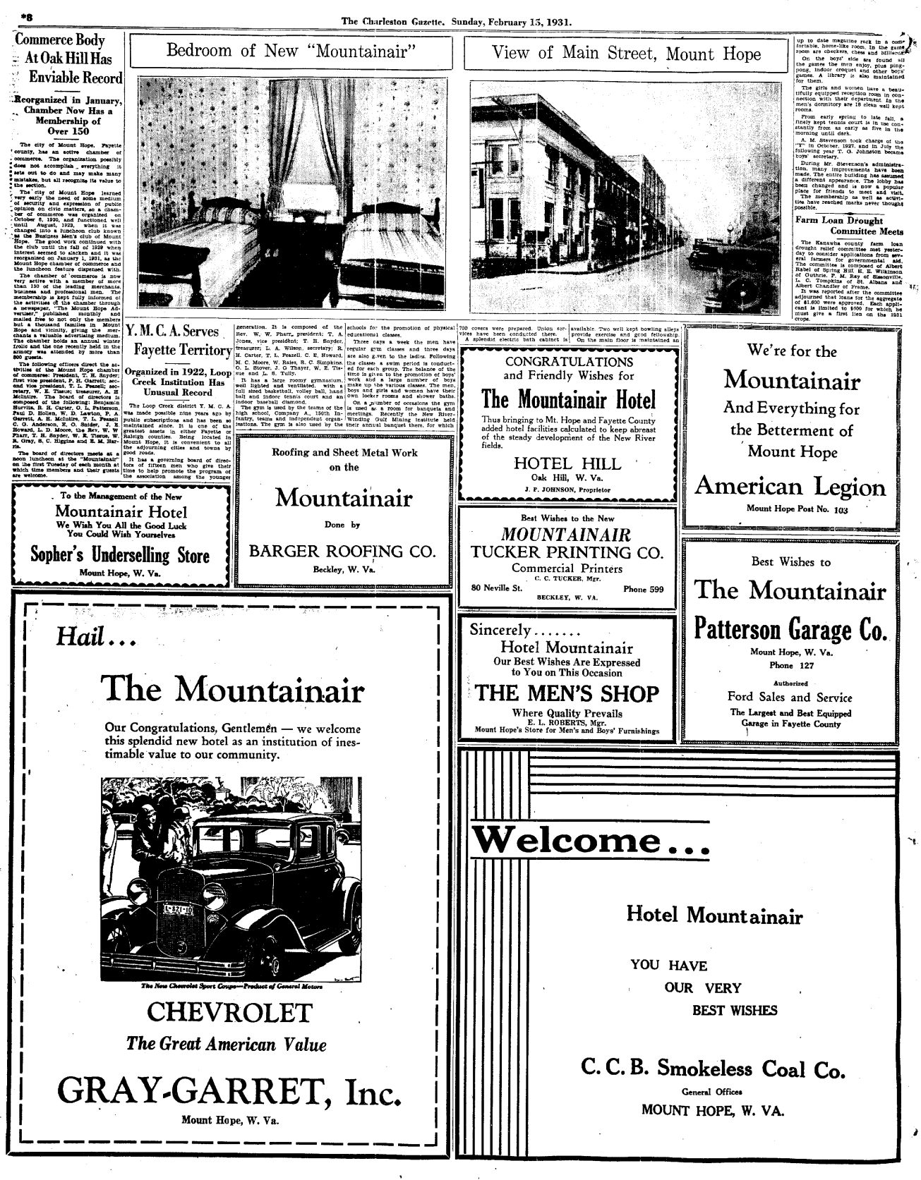 This is part of a special section of the Charleston Gazette that featured all the amenities of the town of Mount Hope offered travelers to the area.  