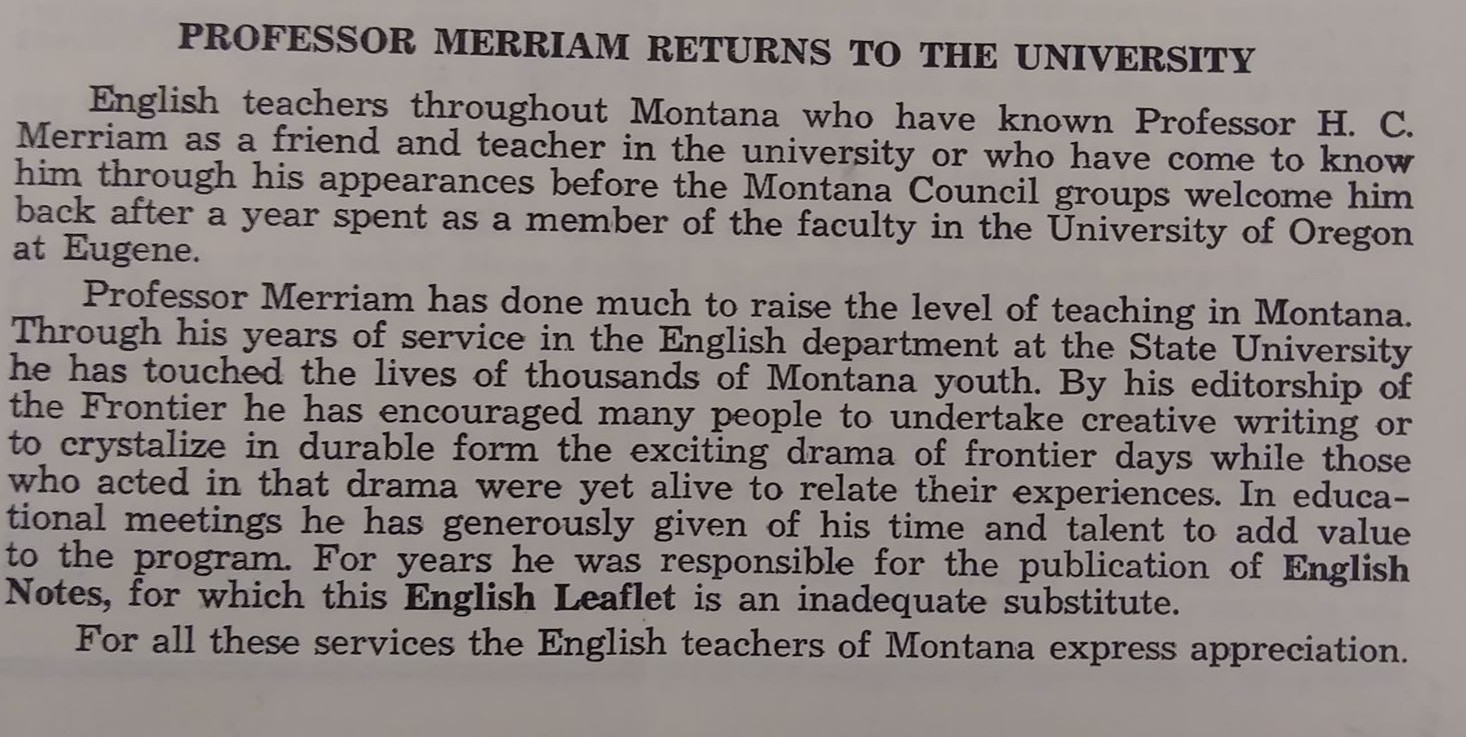 Flyer mentioning Merriam returning to UM after teaching in Oregon