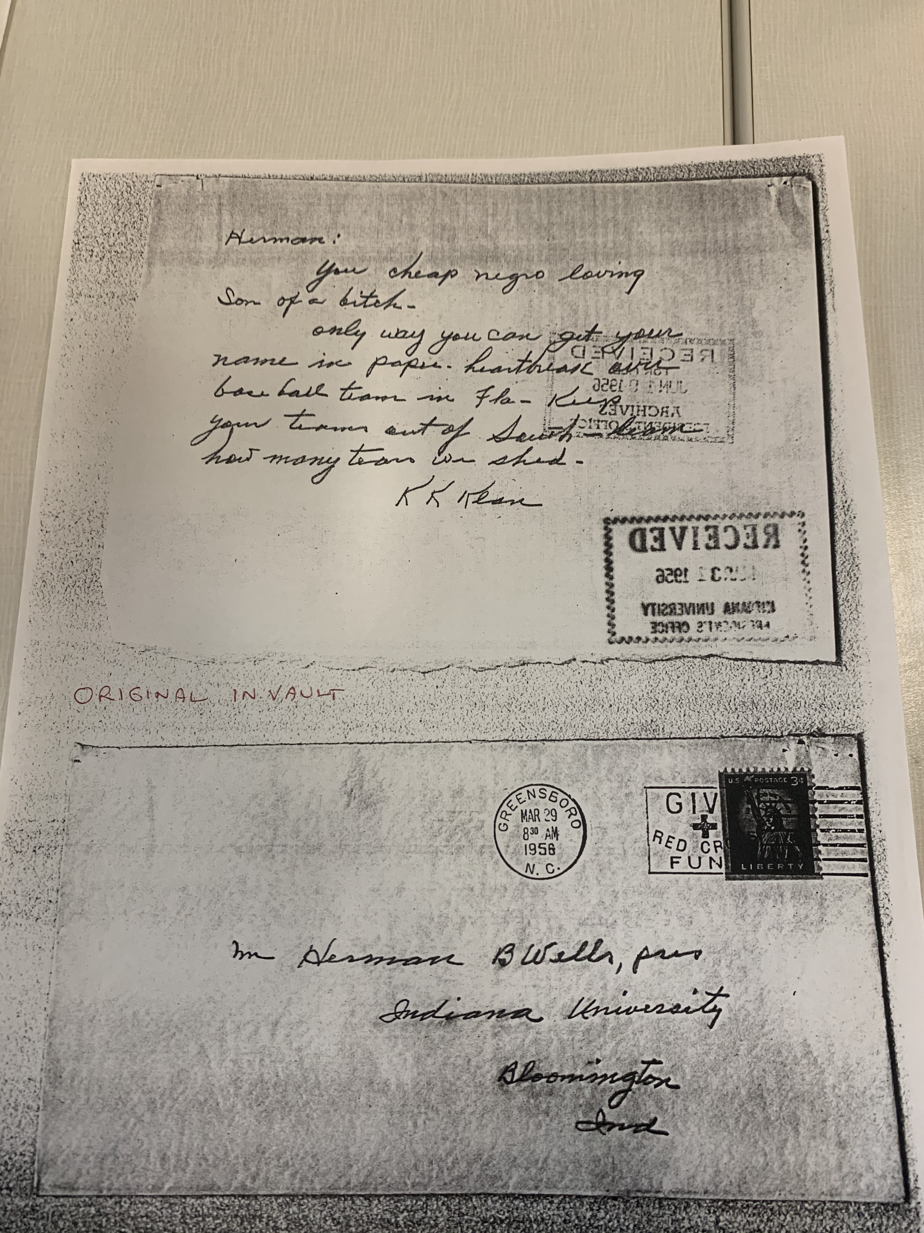 Racist letter sent to Herman B. Wells from the Ku Klux Klan. Despite receiving this, Wells did not back down in his support for Eddie Whitehead.