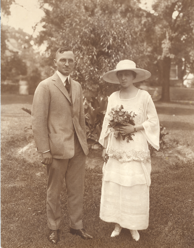 Harry and Bess Truman standing outside after their wedding
