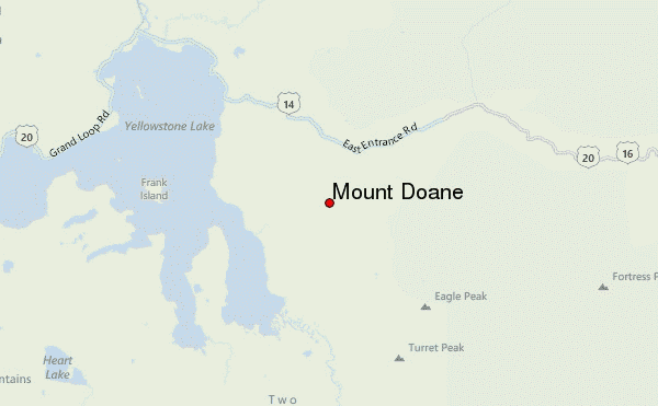Map location of where Mount Doane is in Yellowstone National Park.
