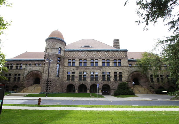 The facade of Pillsbury Hall, with its tower and entrance arches
