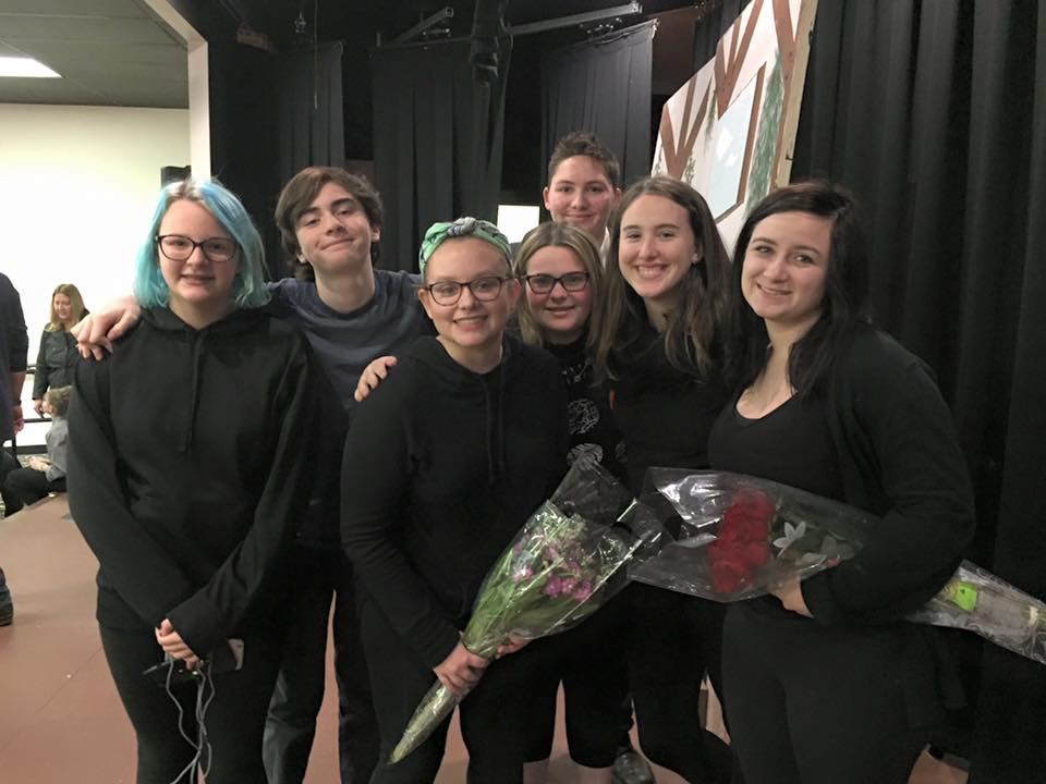 Image of the stage crew for Covered Bridge Children's Theater's performance of Beauty is a Beast (2016), the directorial debut of Lizzie O'Hearn. Almost the entire stage crew and directorial staff ranges from the ages of 13 to 17 (in addition to an adult supervisor).