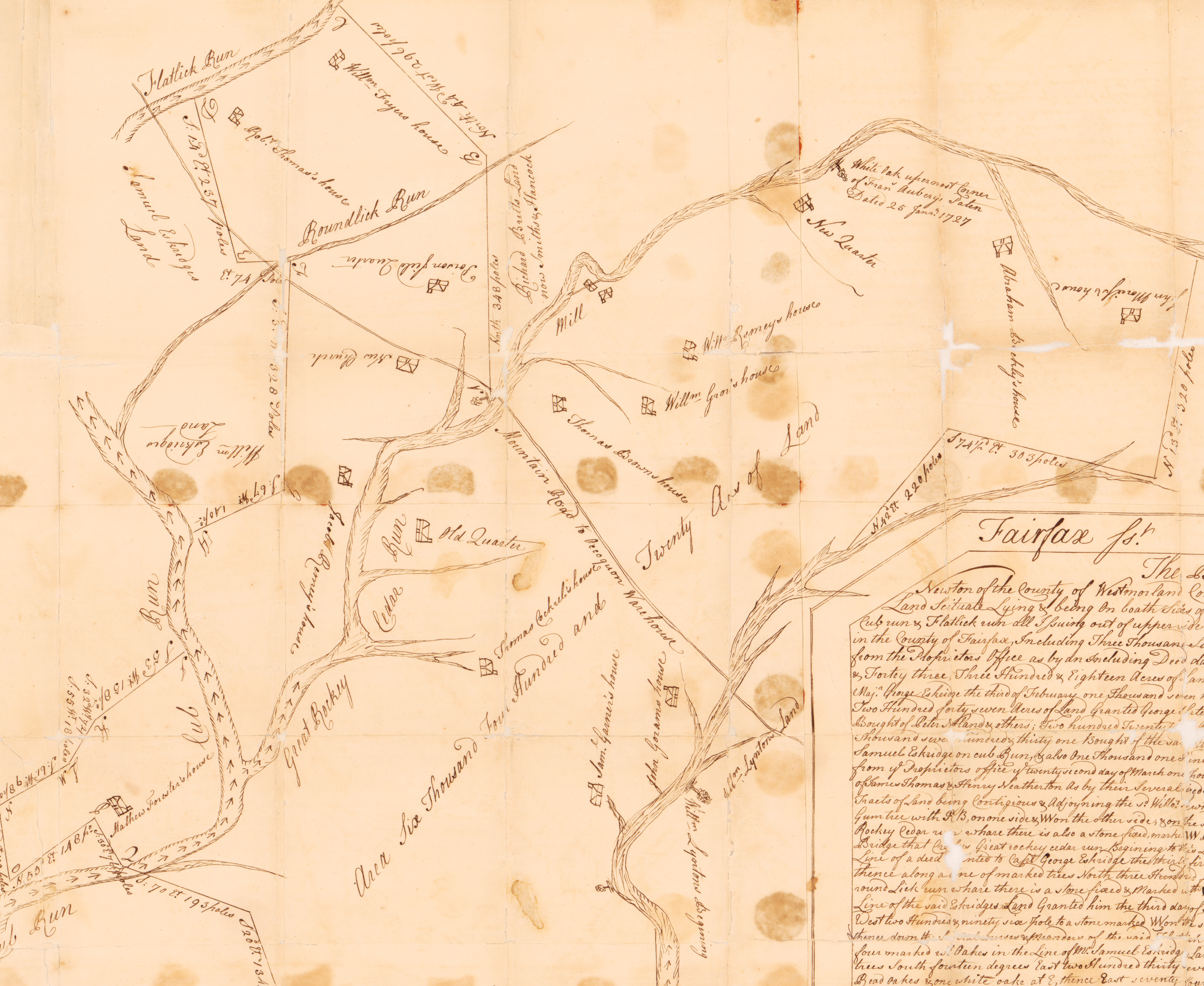 1748 survey of Willoughby Newton land in Centreville area. The Mountain Road is today's old Braddock Road.