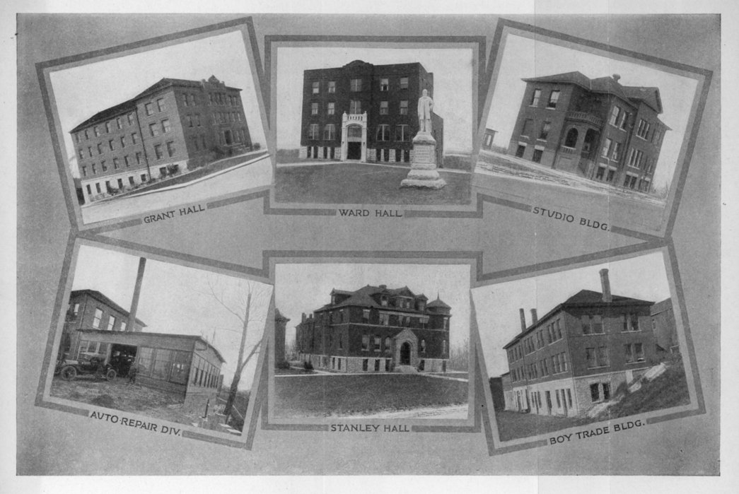 Various halls, none of which exist today. The only thing that remains today is the John Brown statue in front of Ward Hall.