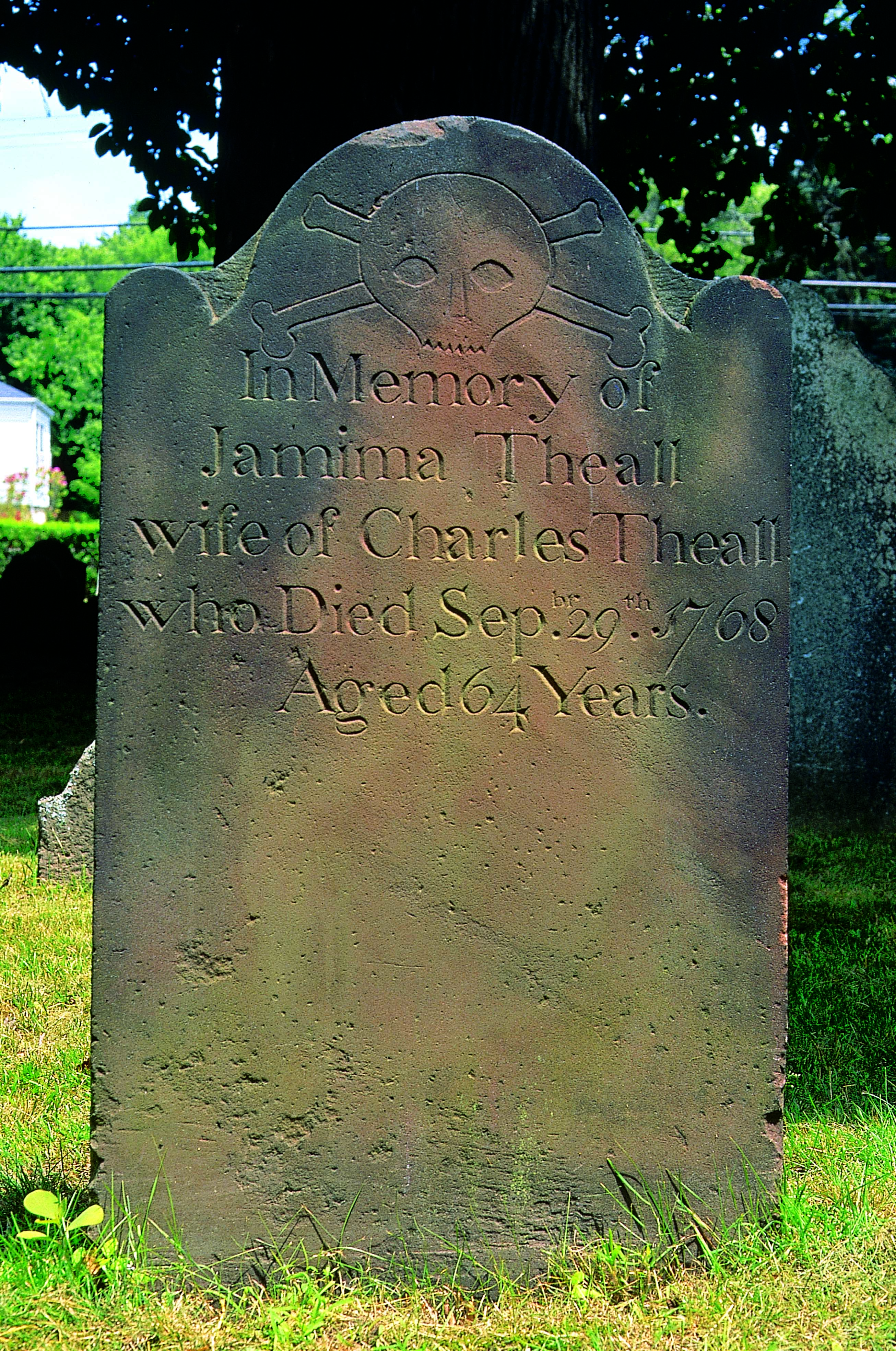 Tombstone of Jamima Theall in Milton Cemetery.
