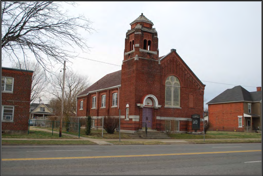East and façade (north) elevations of the Ebenezer United Methodist Church, looking to the southwest