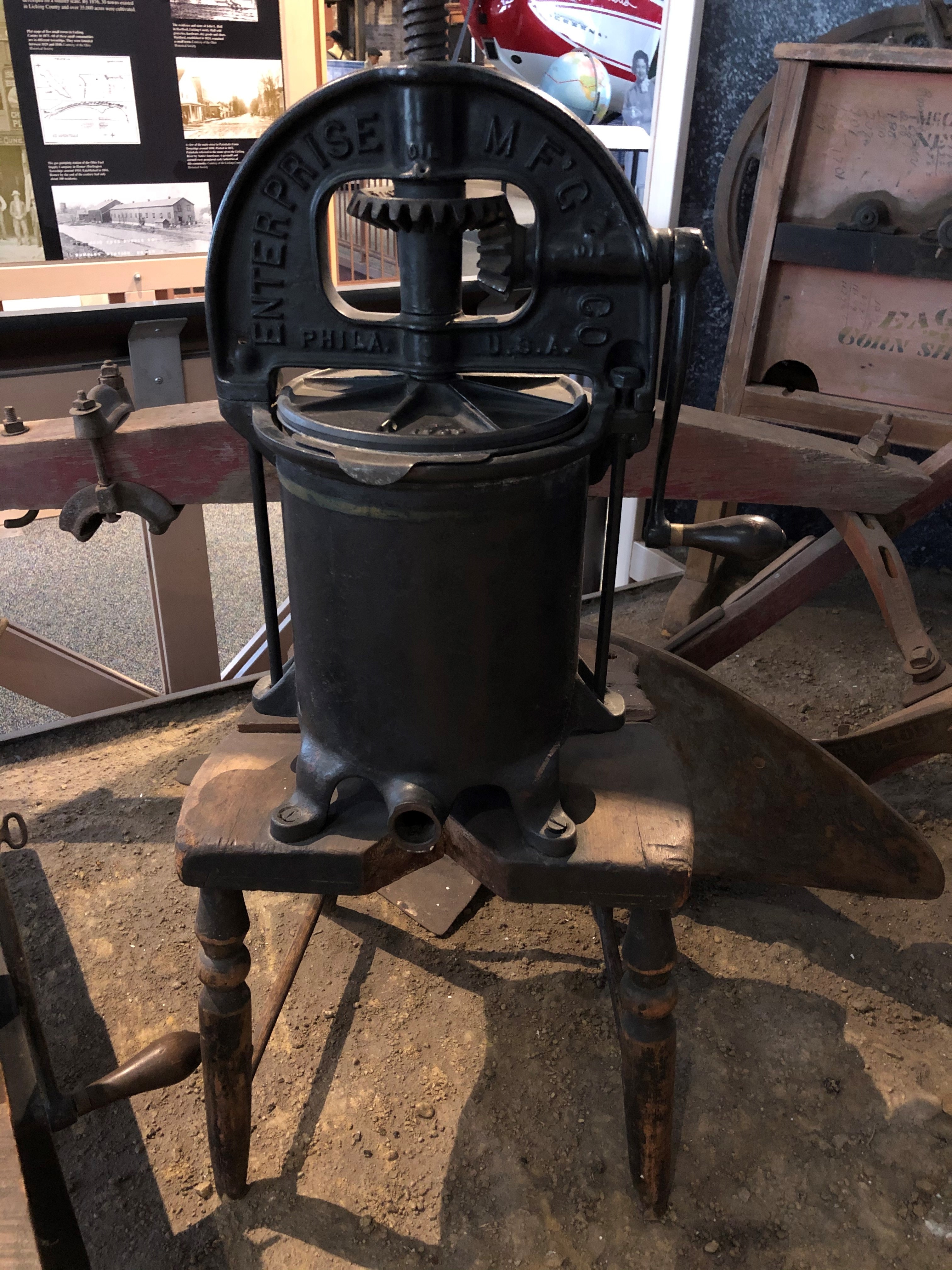 The lard press was attached to the seat of a chair to give it a permanent base.