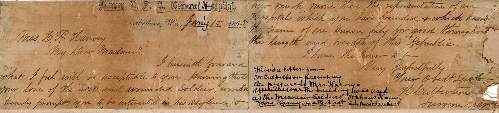 Note from Dr. Culbertson, presenting the drawing to Cordelia Harvey, the first superintendent of the Wisconsin Soldiers’ Orphan’s Home in Madison, given in thanks for her work for soldiers and their orphans. Also indicated is the donation of the drawing to the GAR by Mrs. Harvey’s niece.