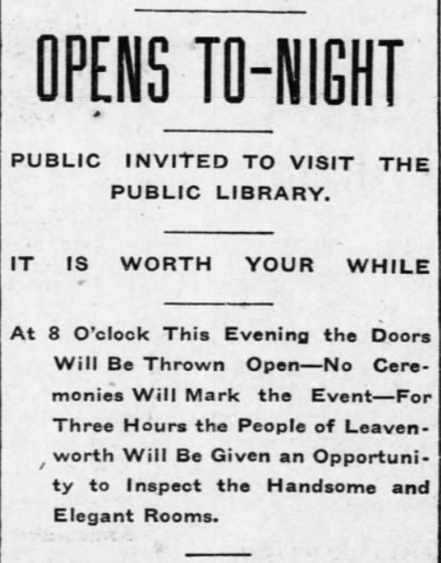 Headline for article on the opening of library in the local newspaper on May 1st, 1902