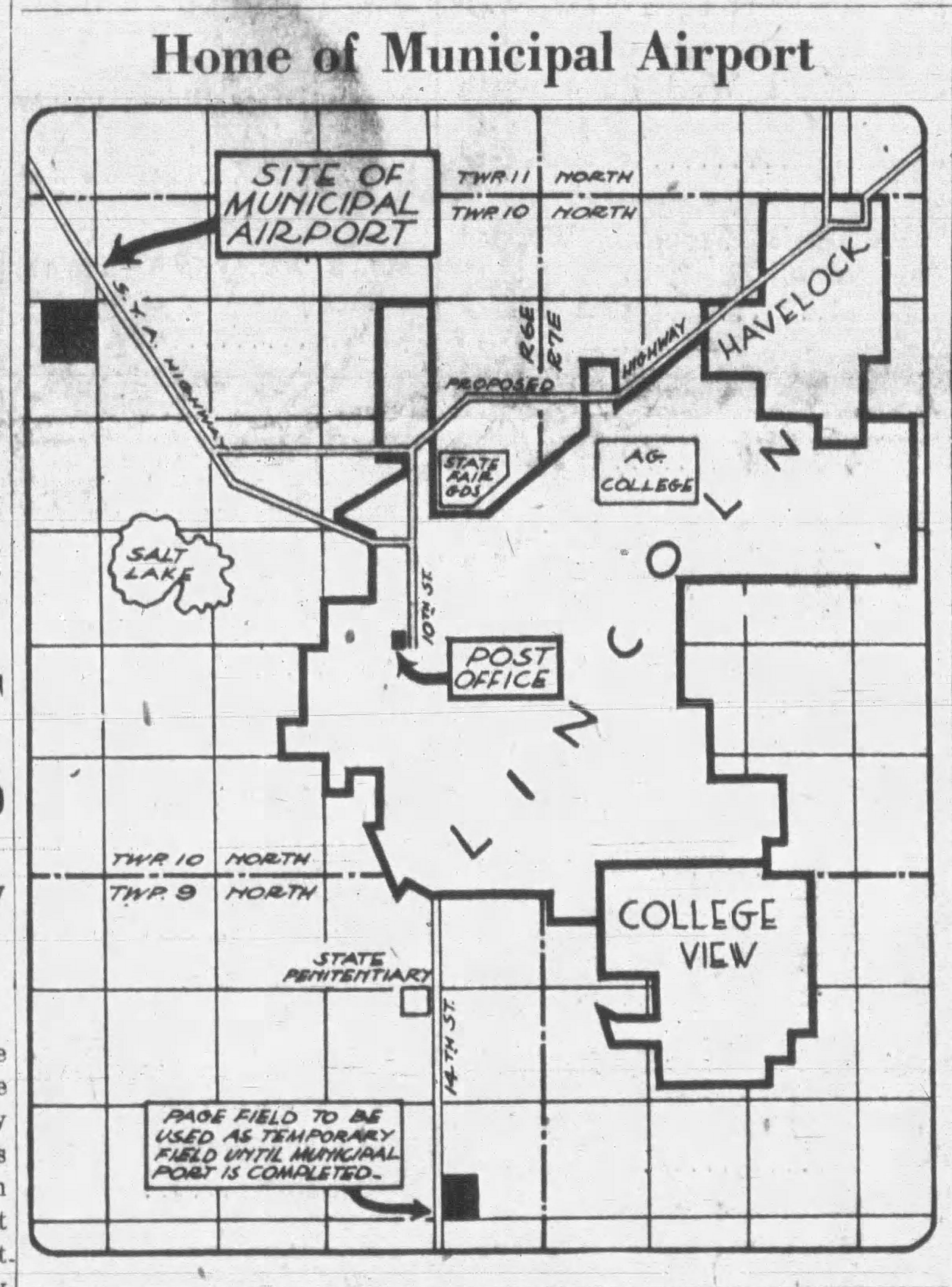 A map featured in the Nebraska State Journal describing the site of the new Lincoln airport in 1929.
