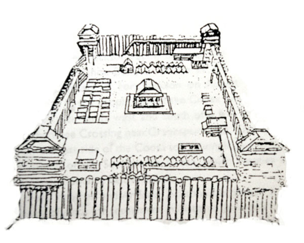 This image depicts Fort Strother which garrisoned troops who fought against Native tribes in this area in the early 1800s.