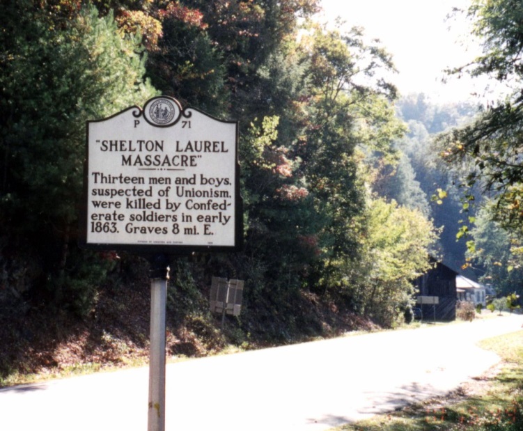 The marker indicating the site of the Shelton Laurel Massacre. 