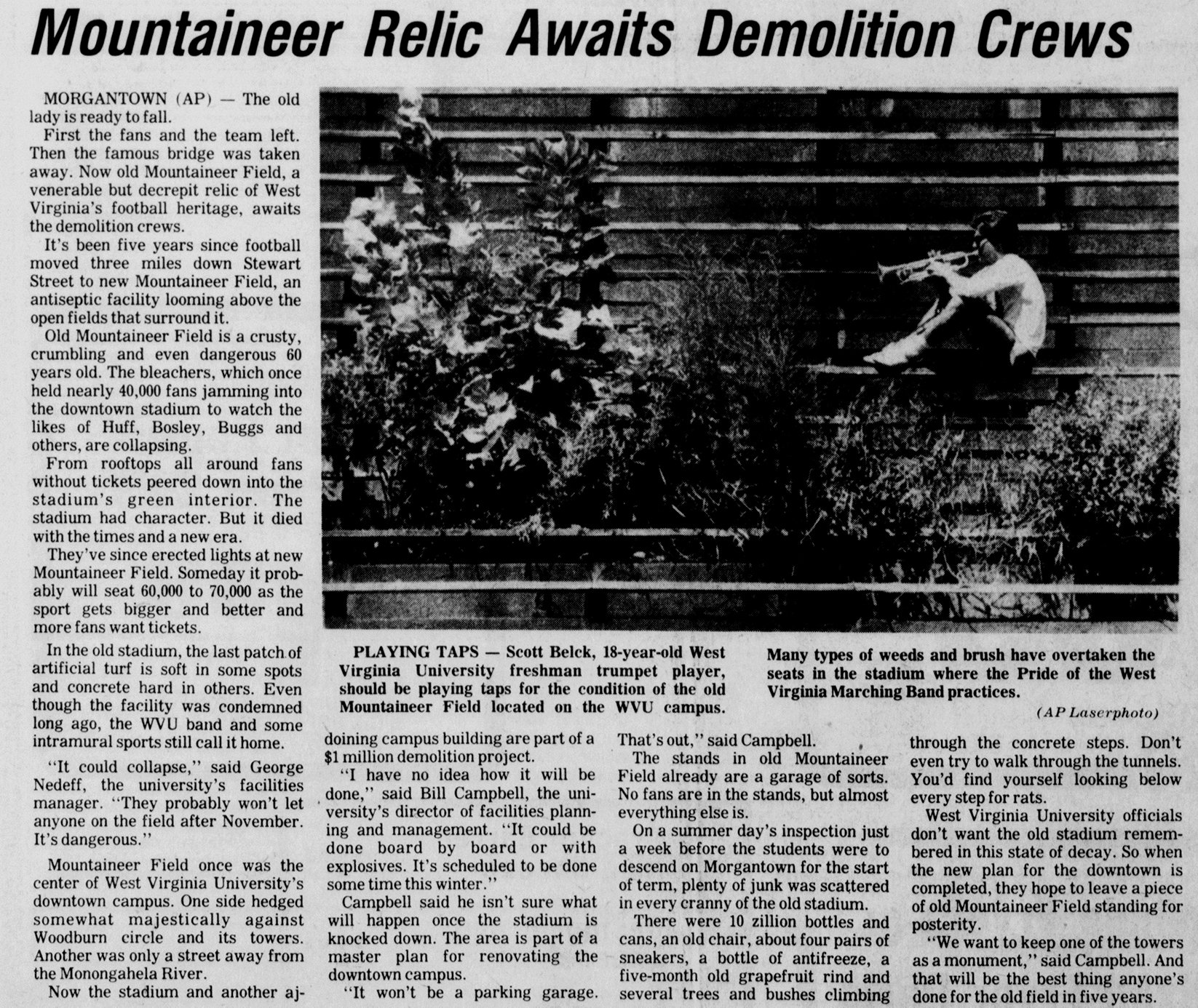 A clipping from the Bluefield Daily Telegraph of August 22, 1984 bemoans the state of the original Mountaineer Field as it awaits demolition.
