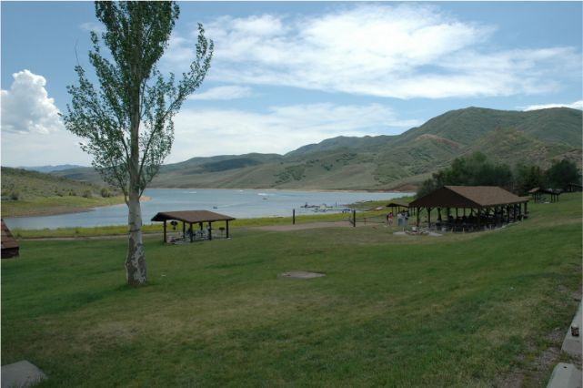 A lake and rest stop within the canyon.