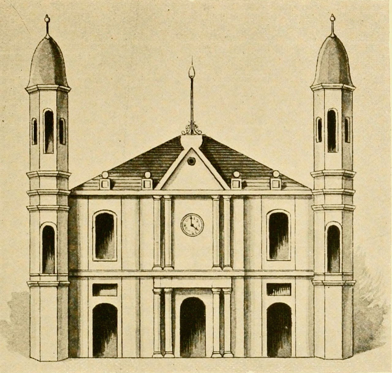 Rendering of the first version of the church, reprinted in "New Orleans as it was. Episodes of Louisiana life" by L. Graham & son, ltd., printers in New Orleans (1794; published 1895).
