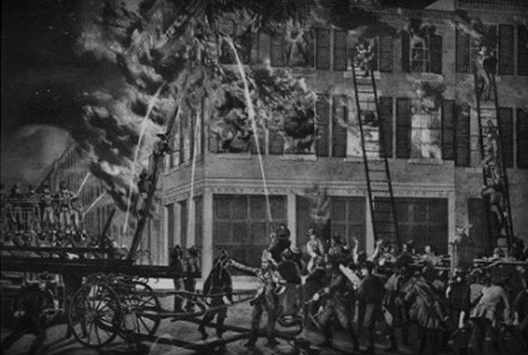 Rendition of the 1834 fire that almost destroyed the LaLaurie Mansion, only to reveal the horrors within the home.