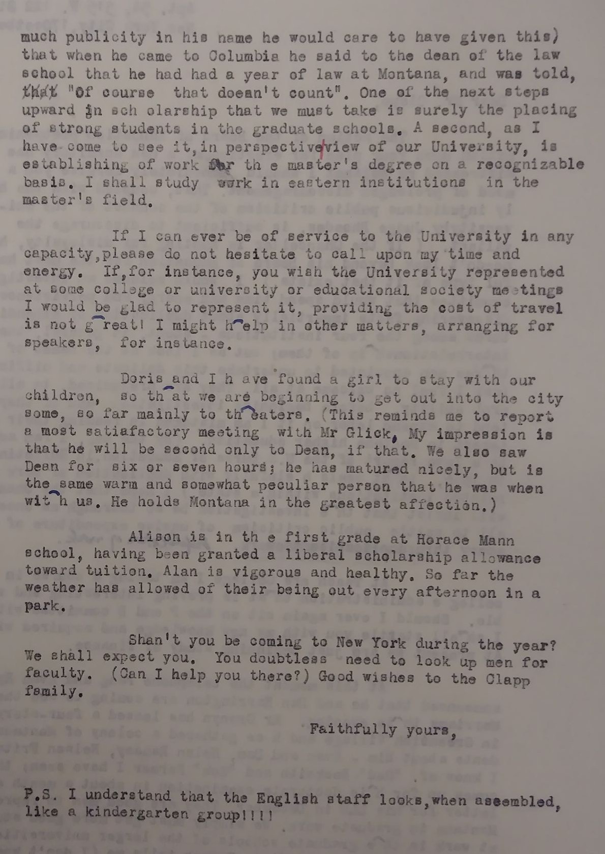 A 1942 letter comparing the English faculty to kindergarteners
