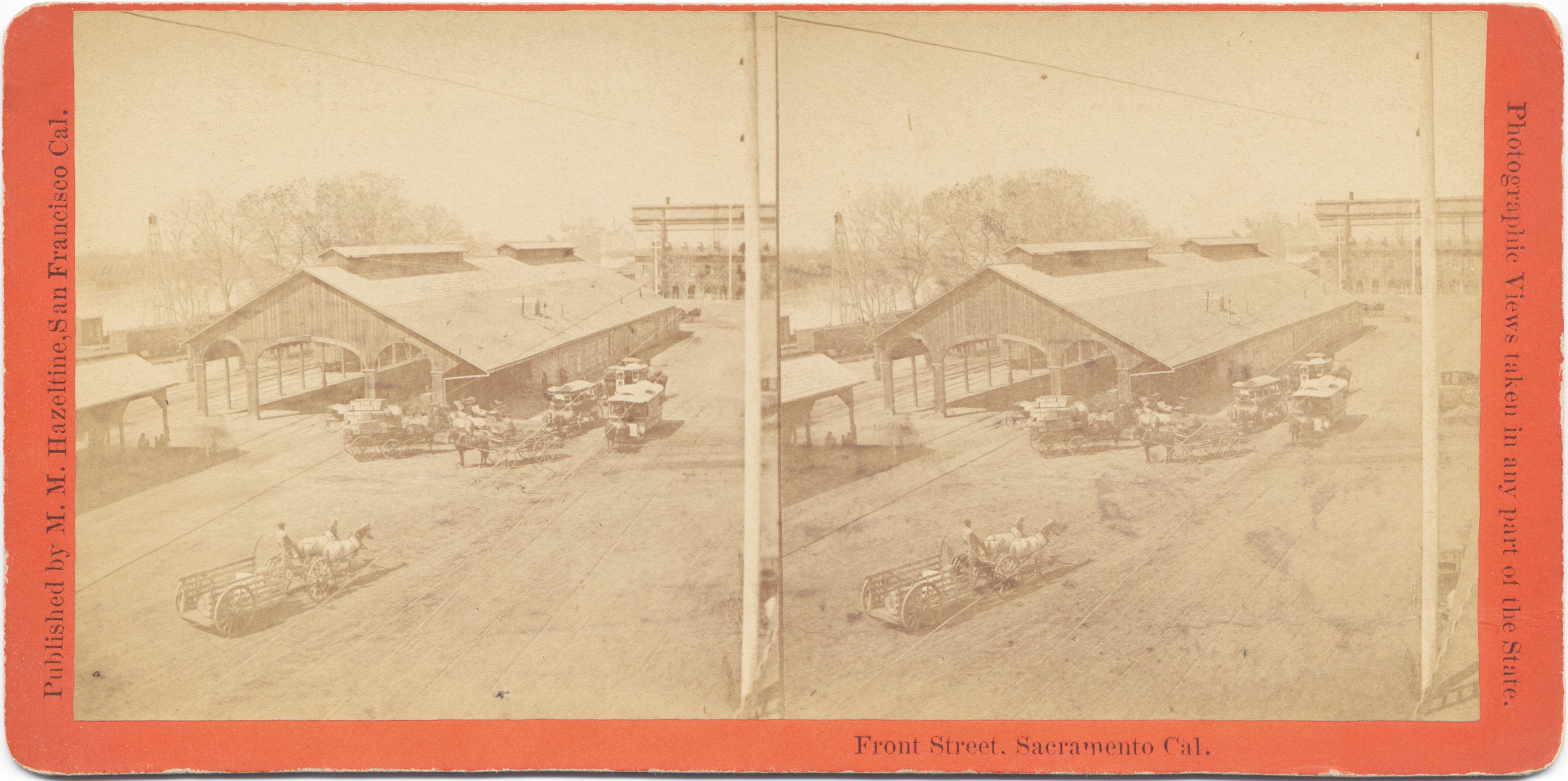 A stereograph from the Railroad Museum's archival collection shows the Central Pacific's passenger station, which is now restored and operated by the Museum. Front Street is at right--the old freight depot at far left.