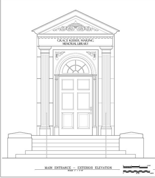 HABS drawing of main entrance on west elevation of library (Spodek 2006)