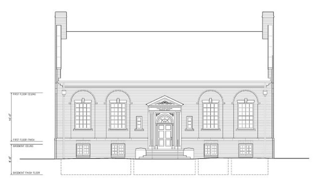 Measured drawing of front (west) elevation of Grace Keiser Maring Library, HABS Survey #IN-303 (Spodek 2006)