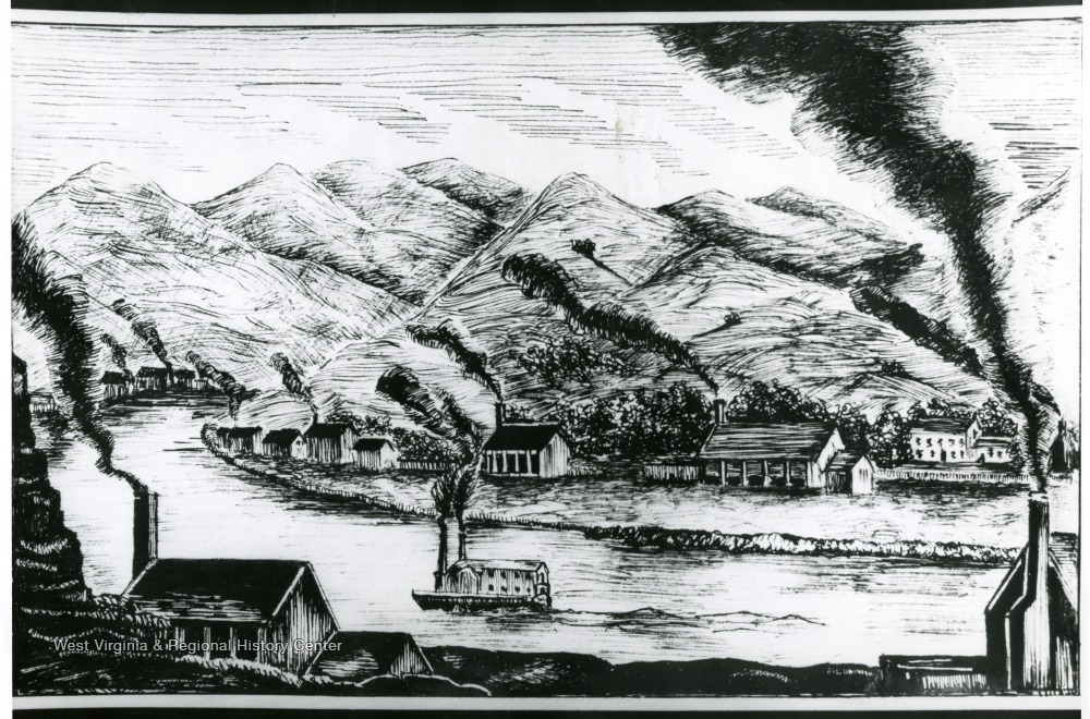 Drawing of Saltworks in Kanawha Valley