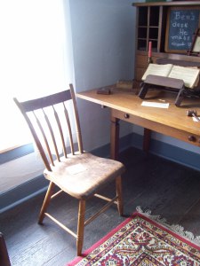 One of 12 chairs that Will made as a wedding present for Ann in 1830, together with a desk that Benjamin made circa 1850, Hanby House