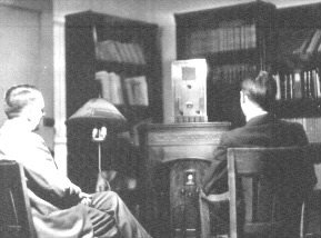 Two men view the television signal from the University of Iowa in 1934. Image from the University of Iowa Special Collections.