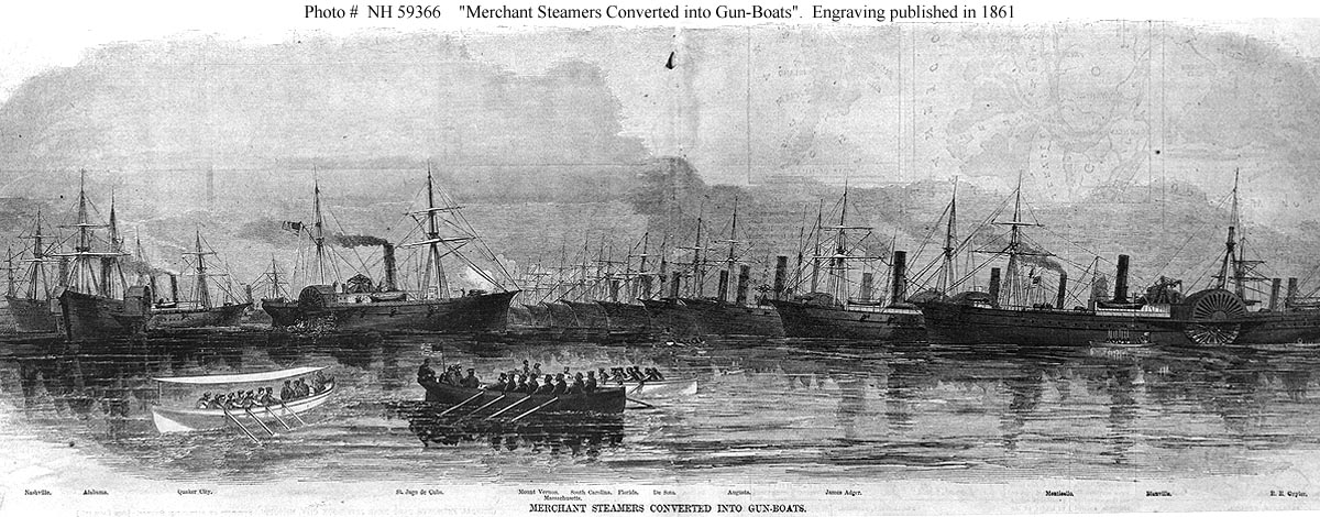 A Harper's Weekly engraving showing several civilian steamships acquired by the US Navy in 1861 and converted to join the blockading squadrons. Monticello is third from right.