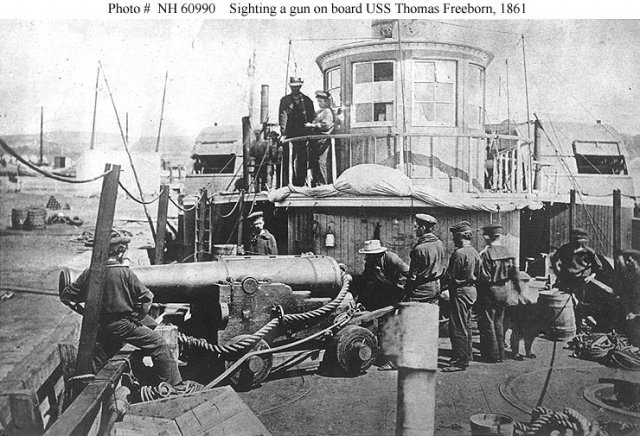 Deck of the USS Thomas Freeborn in 1861. The ship was originally conditioned for the planned relief of Fort Sumter, which was aborted when the fort was bombarded. She also participated in the hunt for John Wilkes Booth, Lincoln's assassin, in 1865.