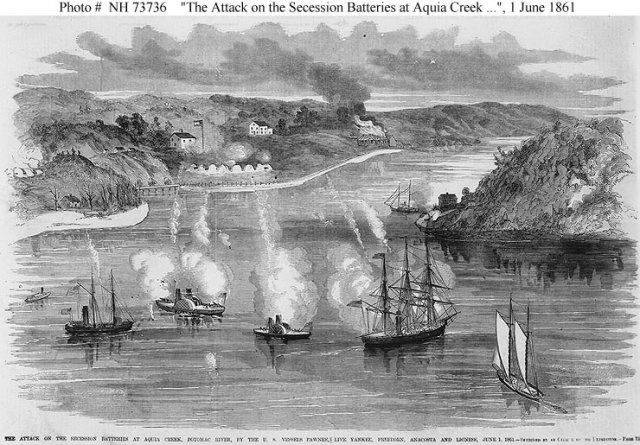 The USS Thomas Freeborn participating in a battle against Confederate batteries at Acuia Creek the month after the Battle of Sewell's Point. The Freeborn is the small vessel in the center.