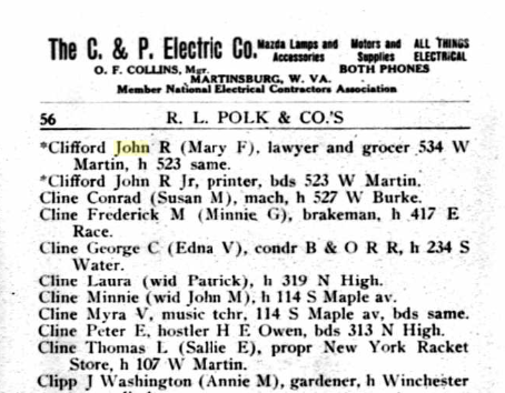 John R. Clifford's residence as listed in the 1913-14 Martinsburg, WV city directory. 