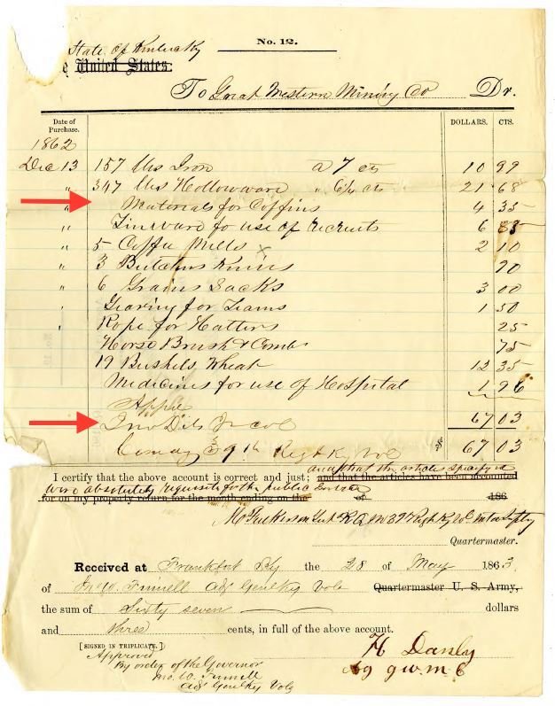 A receipt, signed by Col. John Dils, showing his purchase of the cemetery and the supplies necessary to upkeep it. 