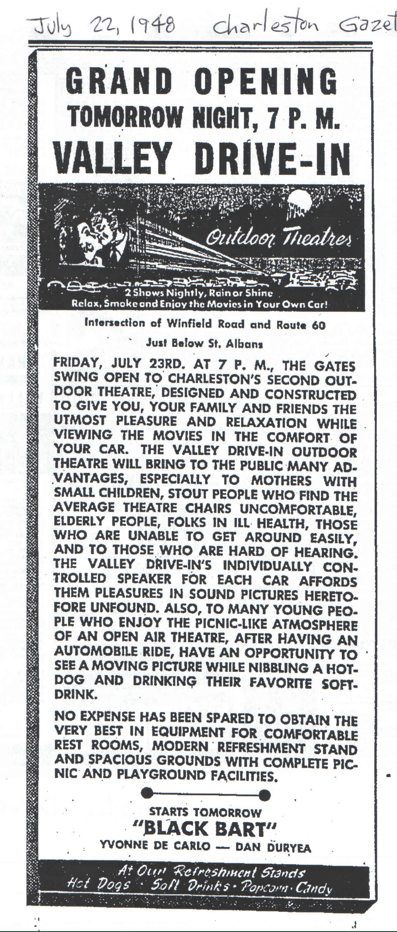 Former Valley Drive in Theater Grand Opening ad (1948)