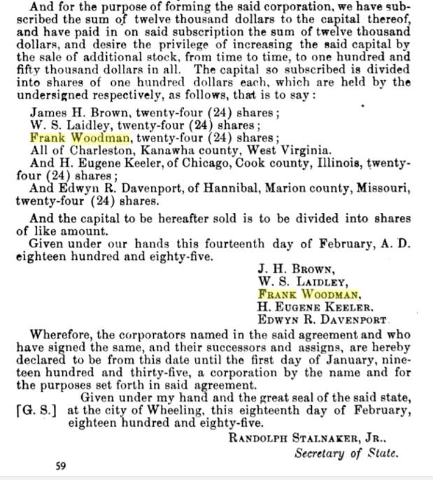 Excerpt from the incorporation of the Charleston Water Works Company in 1885, of which Frank Woodman held 24 shares. 