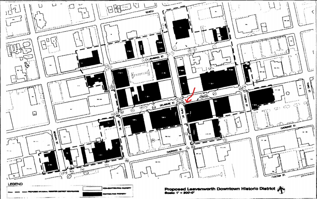 AXA Building (red arrow) on map of Leavenworth Downtown Historic District (Schwenk and Davis 2001)