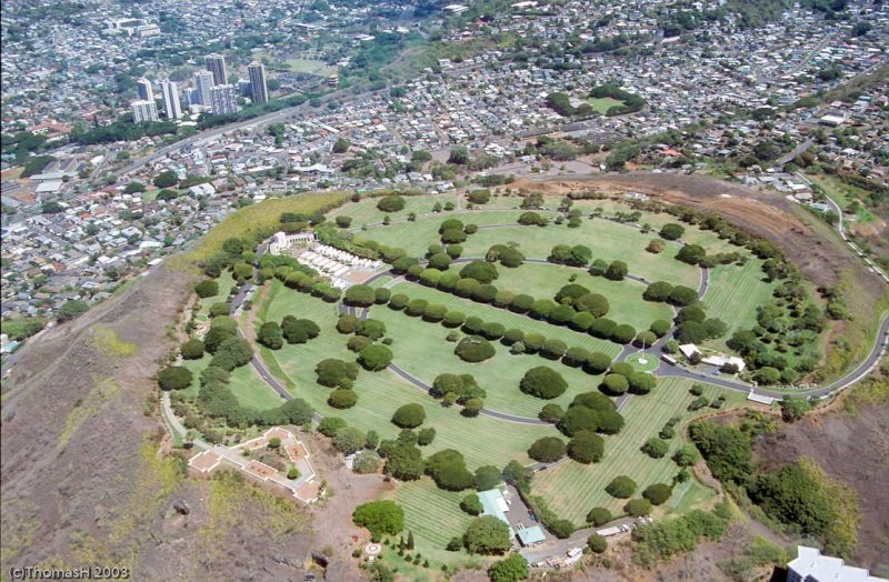 An aerial view of the Punchbowl, a volcanic crater.