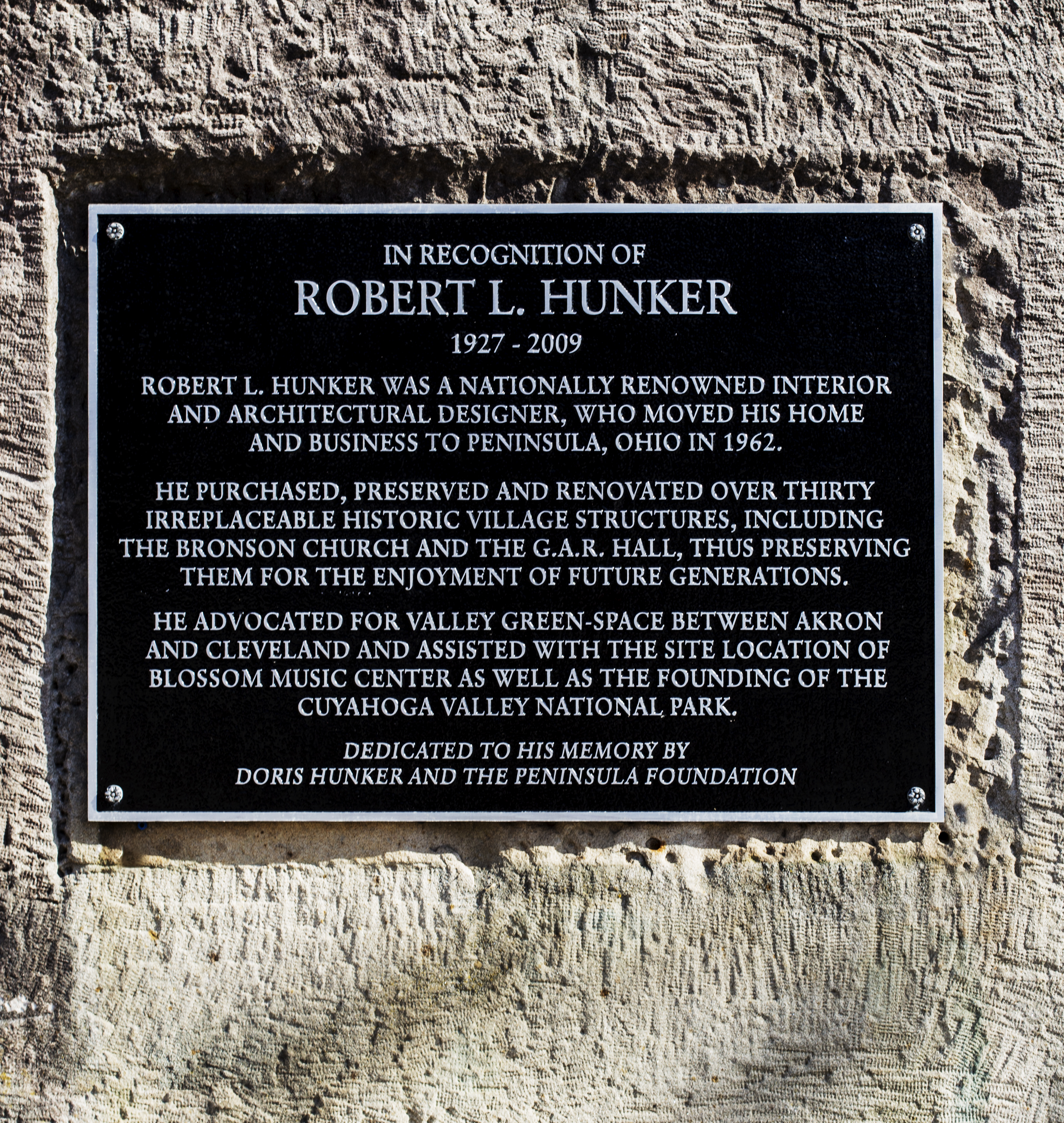 This memorial stands in front of the GAR hall in Peninsula Ohio. The GAR hall had been condemned and was to be burned to the ground as a training exercise for the local volunteer fired department. Mr. Hunker bought and restored the building.