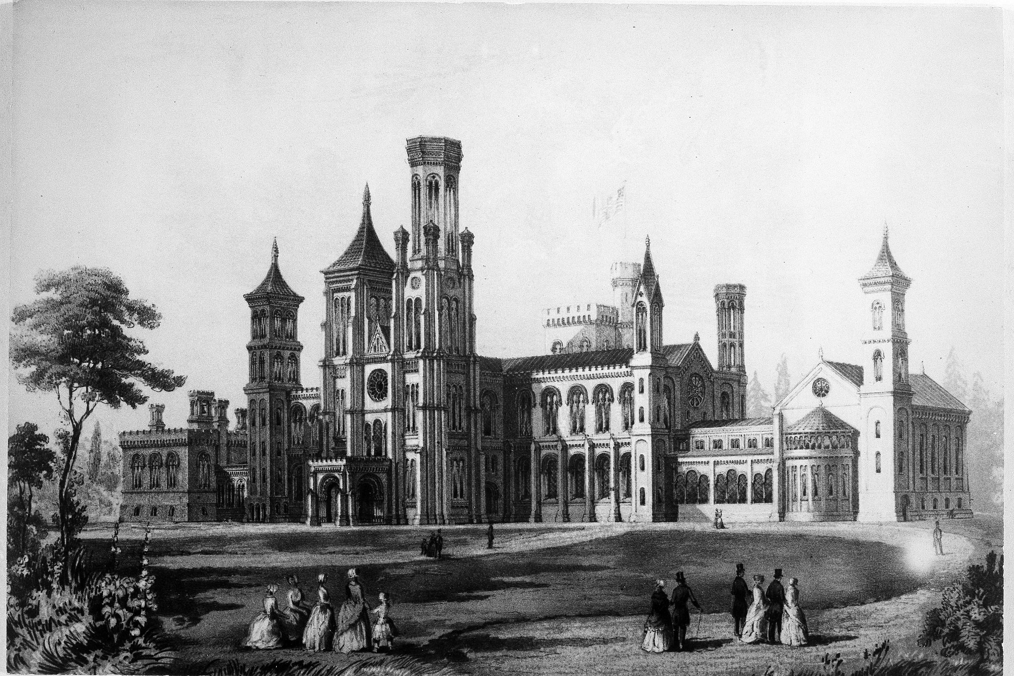 An engraving depicting the new Smithsonian Institution Building. Courtesy of the Smithsonian Institution Archives.