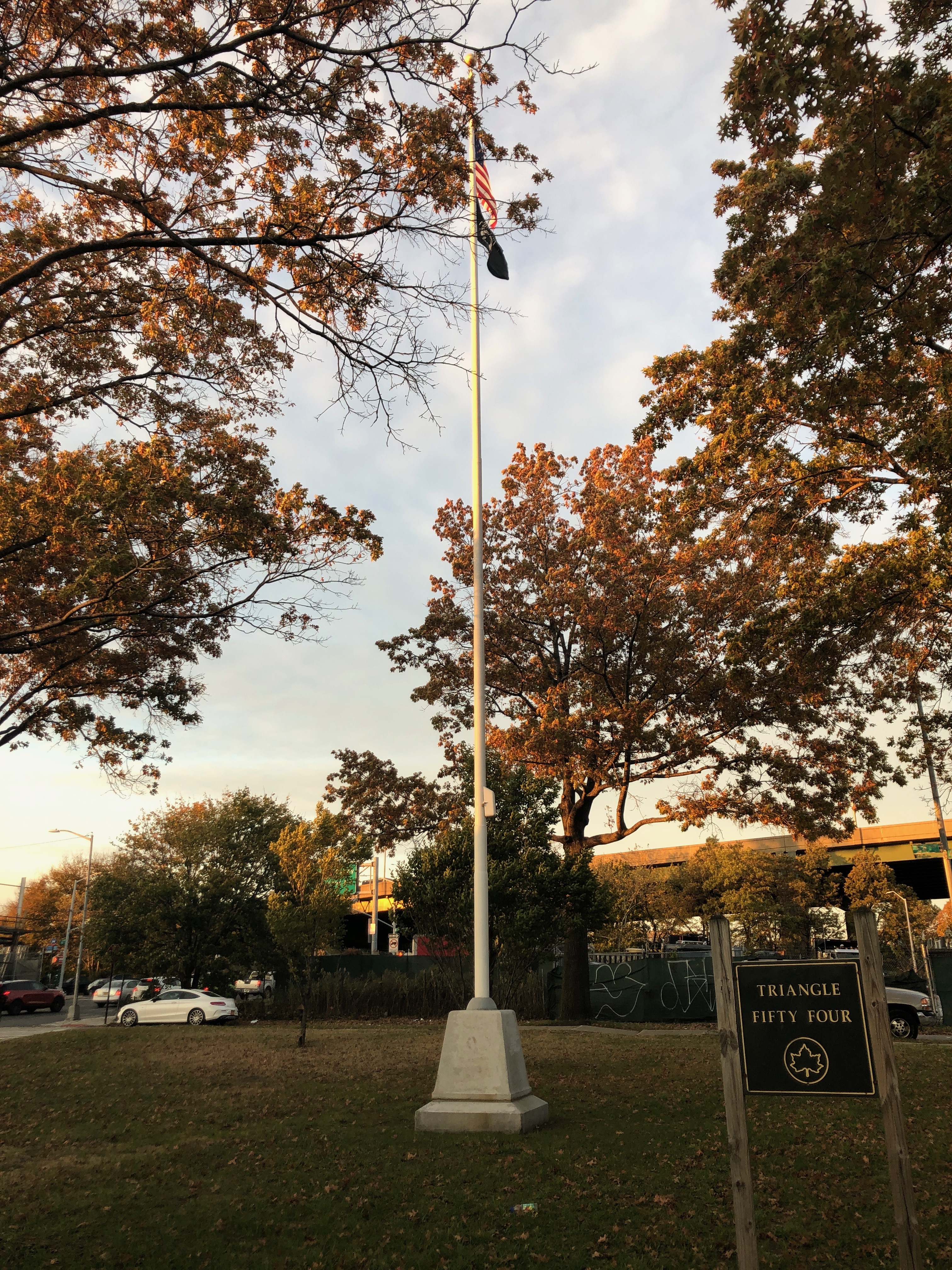 The Laurel Hill flagstaff with the Triangle 54 sign