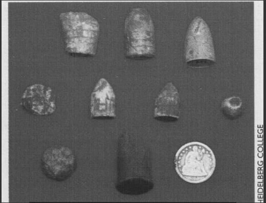 Civil war artifacts found on Buffington Island battlegrounds by Heidelberg College archaeological excavation in 1999.