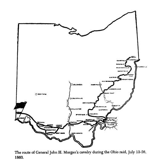 Map of Confederate General Morgan's raid through Ohio that climaxed with his defeat at the Battle of Buffington Island.
