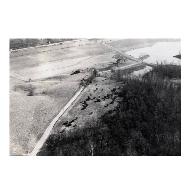 An aerial view of the site of Fort Gower, at the confluence of the Hocking and Ohio Rivers